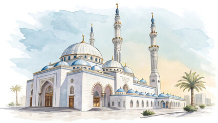 Obraz premium Majestic Mosque: Islamic Architecture with Grand Domes and Spiritual Ambiance