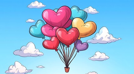 Colorful Heart Balloon Bunch Soaring Through a Sunny Sky - Cartoon Illustration AI Generated