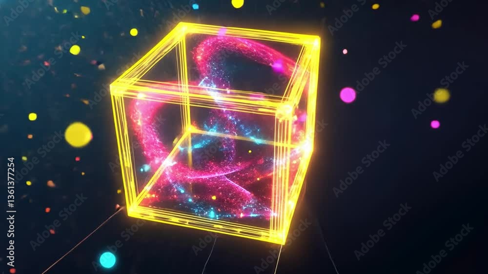 Poster vibrant glowing cube surrounded by colorful particles dynamic visual of neon technology and art, evo