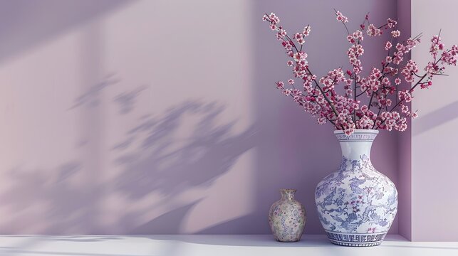 A bold purple frame, highlighting a stunning Ming vase with its historical significance and elegant patterns, designed to elevate the aesthetic of any interior space against a smooth.