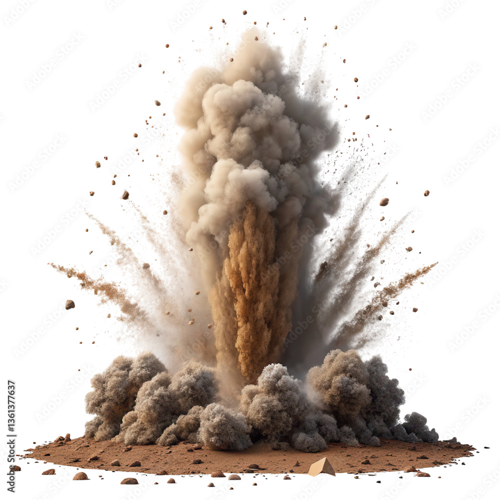Poster A powerful explosion erupts from the ground, sending clouds of dust and debris into the air, creating a dramatic visual impact.