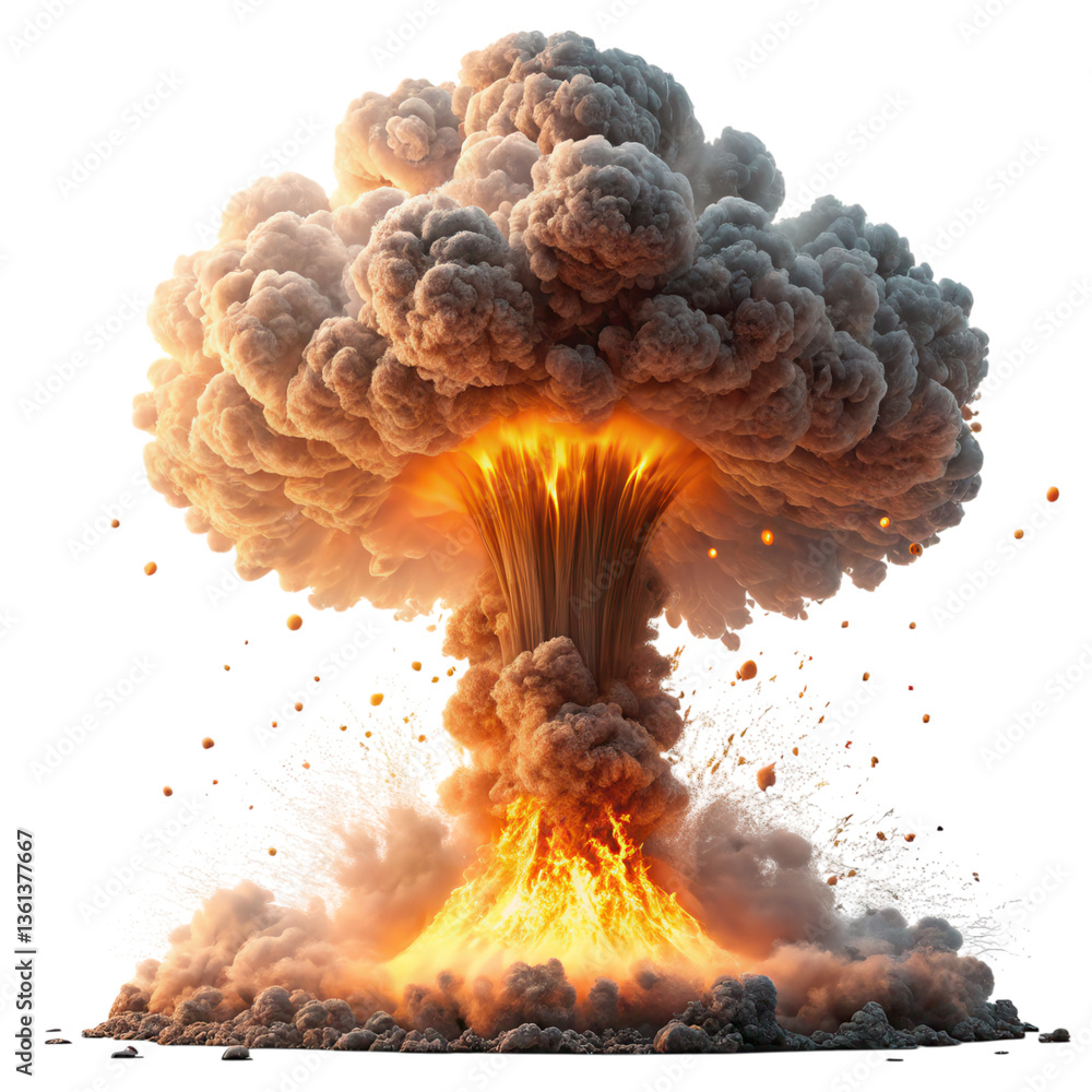 Poster A large explosion emits a massive cloud of smoke and fiery debris, creating a dramatic and powerful visual effect.
