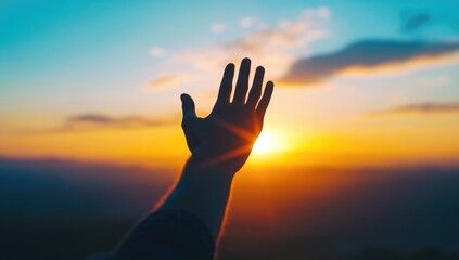 Hand Reaching Out to Help Silhouette with Cross and Sunrise Background, Christianity and Easter Day Celebration, Copy Space for Text