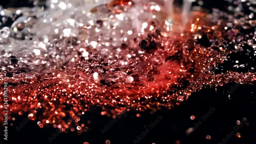 Poster Dynamic drops of red and white glitter in black oil or ink diffusing through liquid, creating an abstract aquatic swirls