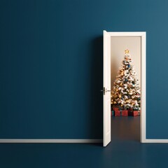 Festive Christmas Tree Behind Open Door with Blue Background