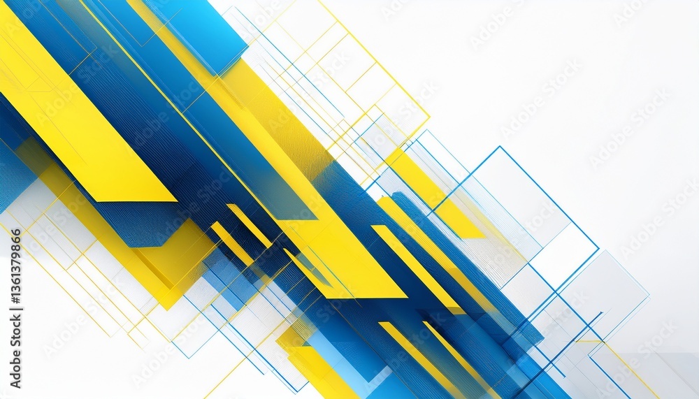 Poster abstract motion geometric shiny blue and yellow overlapping technology concept perspective on white 
