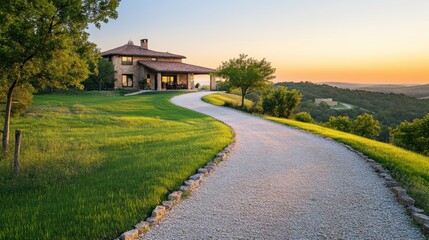 A scenic hilltop pathway leading to a cozy rural home --ar 16:9 --v 6.1 Job ID: f712a9fe-9583-4f0b-b103-0c8fbbb5b263