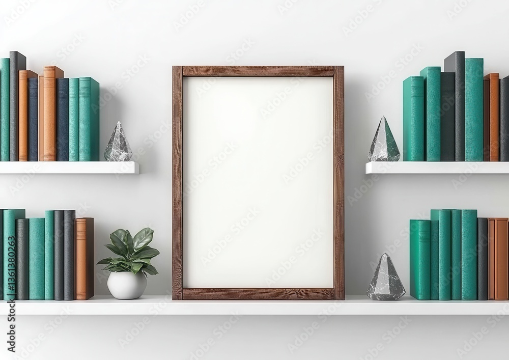 Poster modern shelving display with frame and decorative elements