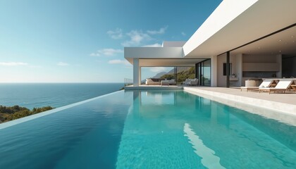 Obraz premium Modern minimalist home with infinity pool overlooking ocean, blue sky. Luxury villa with water reflection. Vacation travel resort. Summer lifestyle. Contemporary design. Real estate concept.
