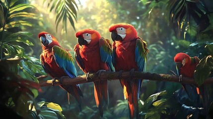 Wild scarlet macaws resting on a sunlit forest branch high-resolution picture