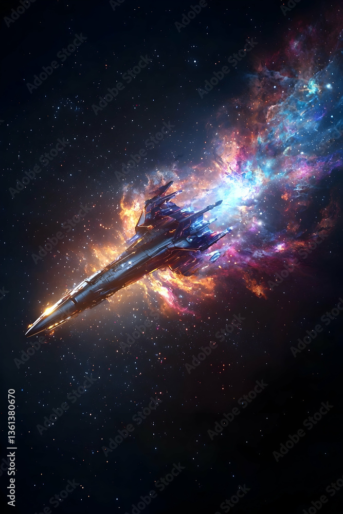 Poster spaceship exploding in colorful nebula