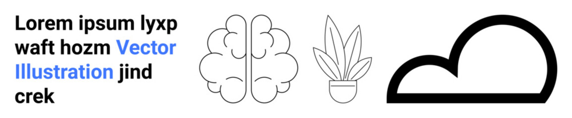 Minimalist line art featuring a brain, potted plant, and cloud. Ideal for creativity, nature, innovation, mindfulness, sustainability, abstract themes flat landing page banner