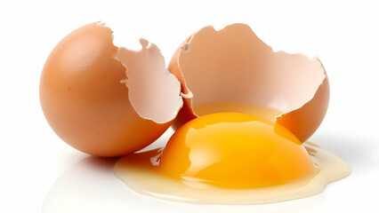 Cracked Egg with Yolk and Whites, Isolated on White Background