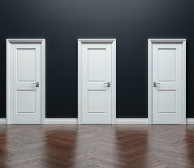 Three Minimalist White Doors on Dark Wall with Wooden Floor