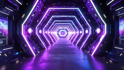Futuristic Hexagonal Sci-Fi Tunnel with Neon Purple and Blue Lights, Cyberpunk Corridor, High-Tech Geometric Passage, Digital Art, Virtual Reality Environment Design