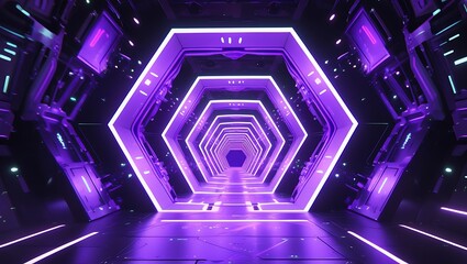 Futuristic Hexagonal Tunnel with Neon Purple and Blue Lights, Sci-Fi Corridor, Cyberpunk Design, Glowing Geometric Pathway, High-Tech Virtual Reality Background