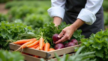 Farmer Harvesting Fresh Carrots and Beets in Garden