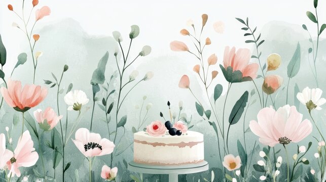 Elegant Watercolor Cake Background surrounded by Blush Pink Flowers for Wedding or Birthday Invitation Banner