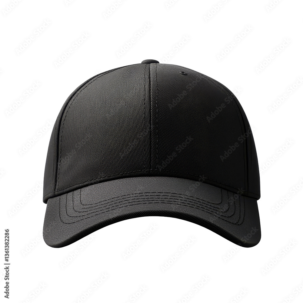 Poster front view of a black baseball cap mockup showcasing a sleek design against a simple background, bla