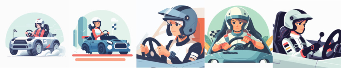 vector collection of a female car racing athlete