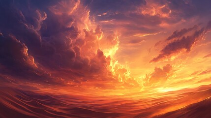 Fototapeta premium Fiery sunset paints the desert sky with vibrant hues for Rolling dunes stretch to the horizon concept.