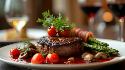 Filet Mignon Steak with Asparagus and Wine, Gourmet Meal