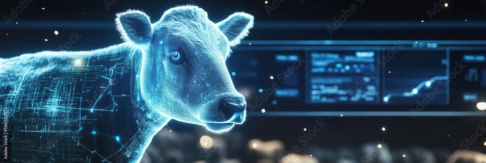 Aufkleber Innovative smart farm showcasing biometric sensors on cows and sheep with glowing data displays in a clean, futuristic environment Generative AI