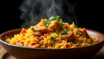 Steaming Chicken Biryani in Rustic Bowl, Close-Up