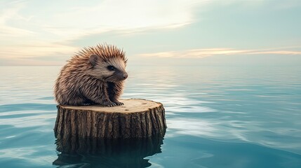 A small hedgehog sits peacefully on a wooden tree stump