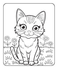 Obraz premium Cute cat coloring page for kids, black line art vector illustration on white background 