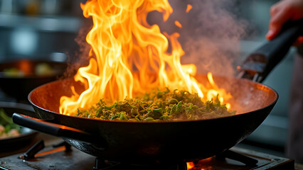 Wok Cooking with High Flames, Stir-Fry Vegetables