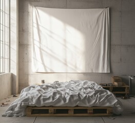 Messy bed on pallet in industrial loft with blank canvas.