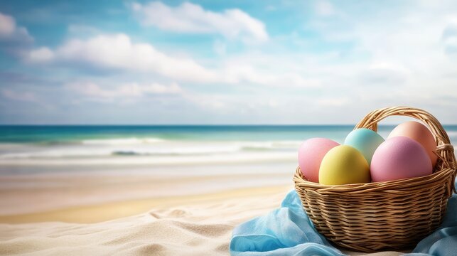 Colorful Painted Easter Eggs in Wicker Basket on Sandy Sea Beach, Festive Holiday Decoration with Ocean View and Copy Space