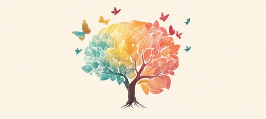 Colorful tree with butterflies in nature digital art vibrant environment artistic viewpoint conceptual design