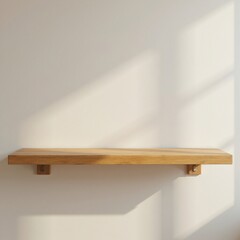 "Vacant Bamboo Shelf Against Neutral Wall: Perfect for Showcasing Decorative Items in Natural Light for Placement Product"