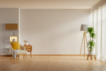 The modern interior living room showcases an armchair and decorative accessories set against a white wall- 3D rendering