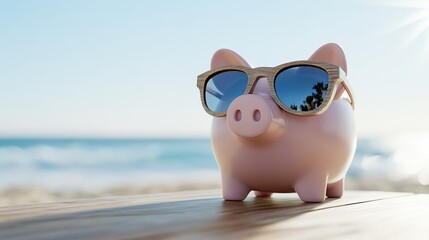 Playful piggy bank enjoys beach day in sunglasses coastal paradise fun image relaxed atmosphere cheerful concept