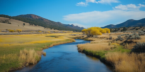 Fototapeta premium stream in green valley under blue sky