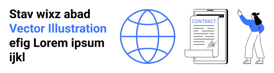 Contract document, globe illustration, and woman pointing. Ideal for business, agreement, global connections, legal work, online services, teamwork and simple landing page