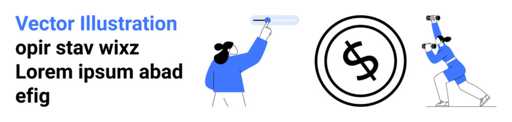 Woman with telescope searching opportunities, dollar icon symbolizing economy, financial growth, another person analyzing with binoculars. Ideal for finance, investment, vision, planning, strategy