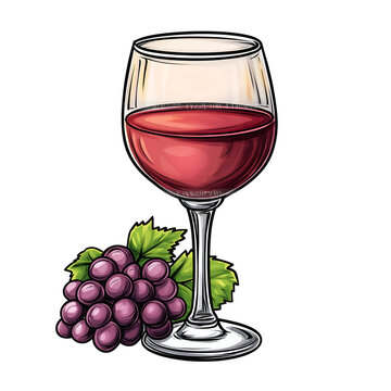 Red Wine Glass with Grapes Illustration on White and Transparent Background, Food and Drinks Concept
