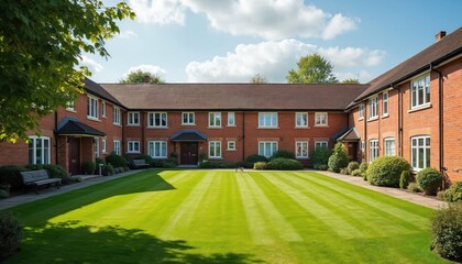 Exterior view of residential care home in UK. Brick building with manicured lawn and green bushes. Suburban housing in sunny summer day. Modern architecture and community housing. Retirement concept.