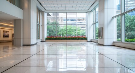 Obraz premium Modern Lobby Interior with Large Windows and Bright Green Landscaping