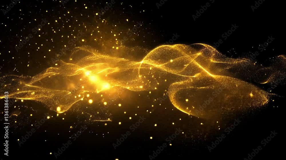 Poster mesmerizing display of golden particles swirling and flowing against dark background, creating shimm