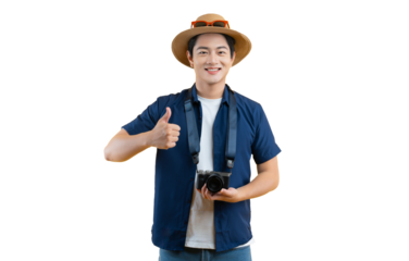 Portrait of young asian man using travel camera and posing