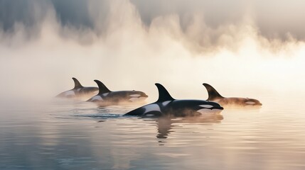 Fototapeta premium A group of orcas swimming through a misty morning sea, their large, sleek bodies visible in the soft light and mist.
