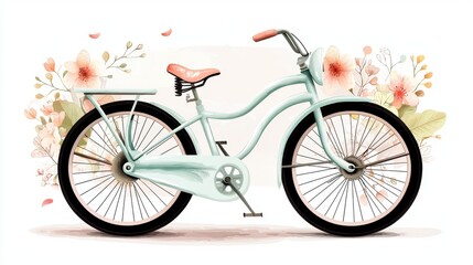 Fototapeta premium A hand-drawn vintage bicycle illustration with floral elements, designed for invitations or posters.