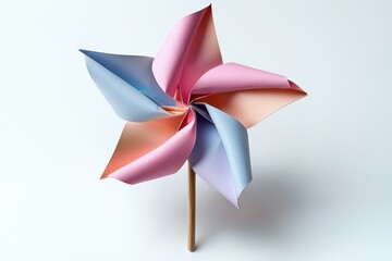 Colorful origami pinwheel on white background highlighting paper craft artistry