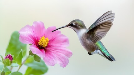 Fototapeta premium A hummingbird hovering in front of a pink flower, capturing the beauty of the birds iridescent feathers and the flowers vivid color, with copy space.