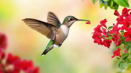 A hummingbird flying among blooming red flowers, its wings a blur as it hovers to drink nectar, with vibrant colors and copy space.